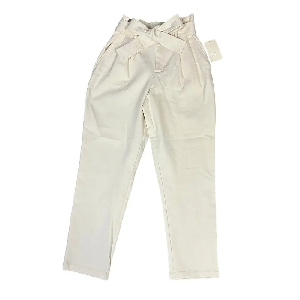 NWT A New Day Women's High‎ Rise Paperbag Pleated Belt Pants Ivory Size 0